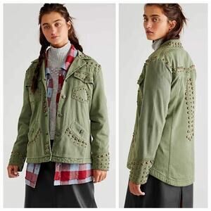 New Free People WTF Rock and Stud Shirt Jacket $348 Army Green XS 0/2